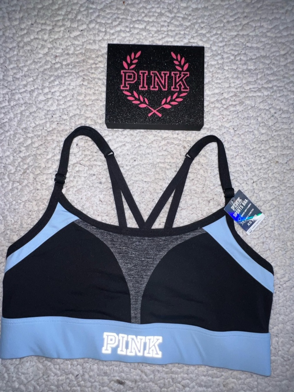 PINK Black & Light Blue Strappy Sports Bra. New with tags
